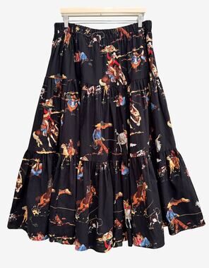 Shelby Ranch Western Cowboy Rodeo Novelty Print Tiered Broom Skirt OS